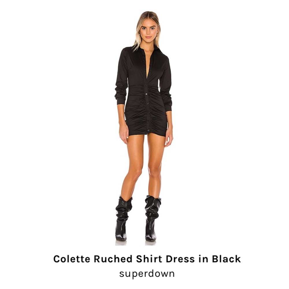 Super down ruched black shirt dress